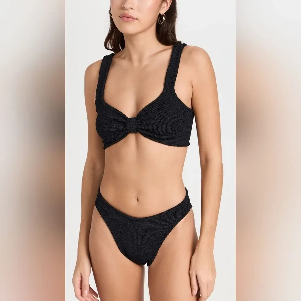 HUNZA G Bonnie Metallic Seersucker Bikini Black Textured Swimwear One-Size